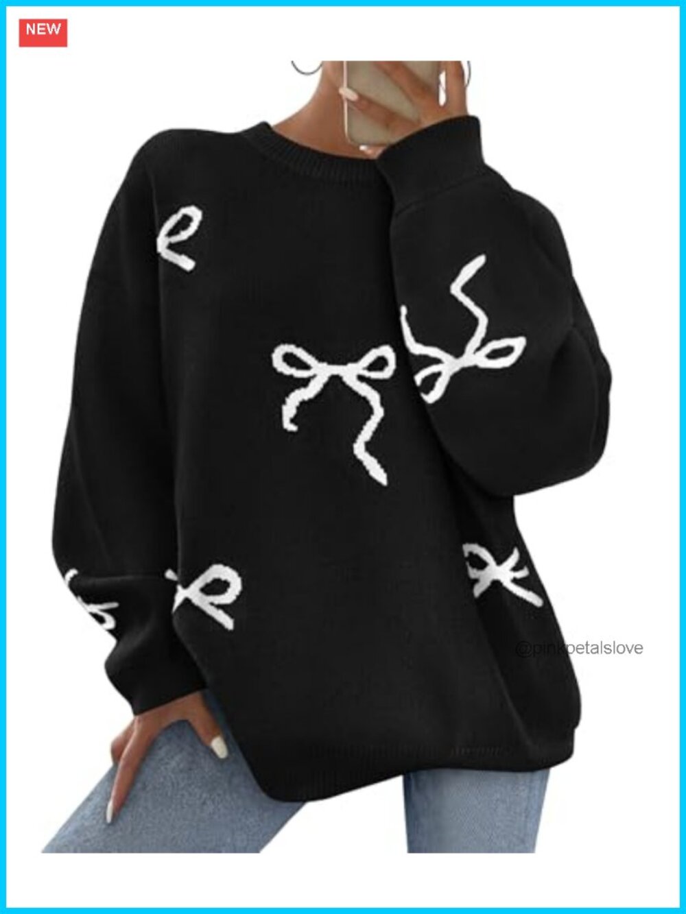 Cute Bow Oversized Sweater Long Sleeve Pullover Chunky Knit Crew Neck